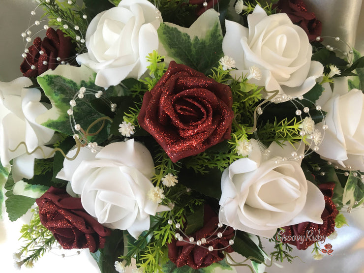 Burgundy Glitter Rose With Pearls & Pearl Diamante Brooch