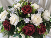 Burgundy Glitter Rose With Silver Babies Breath Long Table Centrepiece