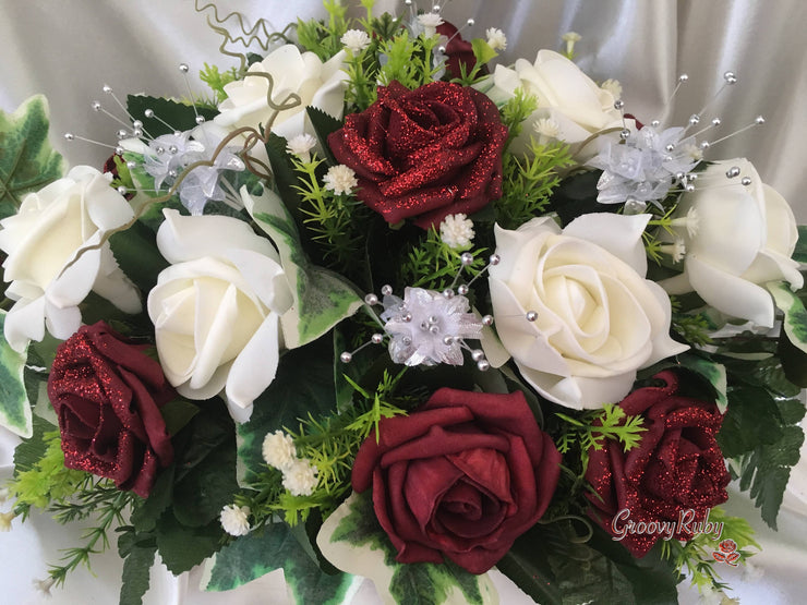 Burgundy Glitter Rose With Silver Babies Breath Long Table Centrepiece