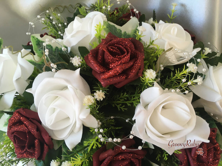 Burgundy Glitter Rose With Pearls & Pearl Diamante Brooch