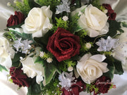 Burgundy Glitter Rose With Silver Babies Breath Long Table Centrepiece