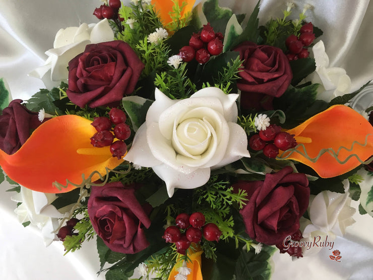 Ivory Glitter Rose, Orange Calla Lily, Burgundy Rose & Berries