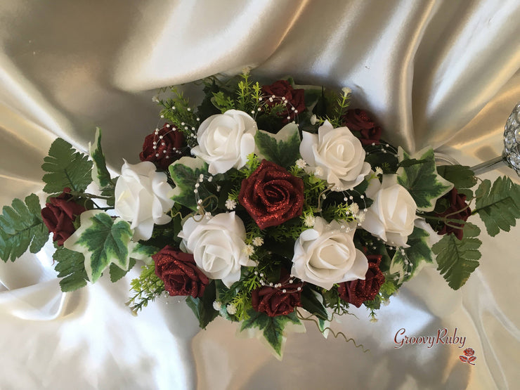 Burgundy Glitter Rose With Pearls & Pearl Diamante Brooch