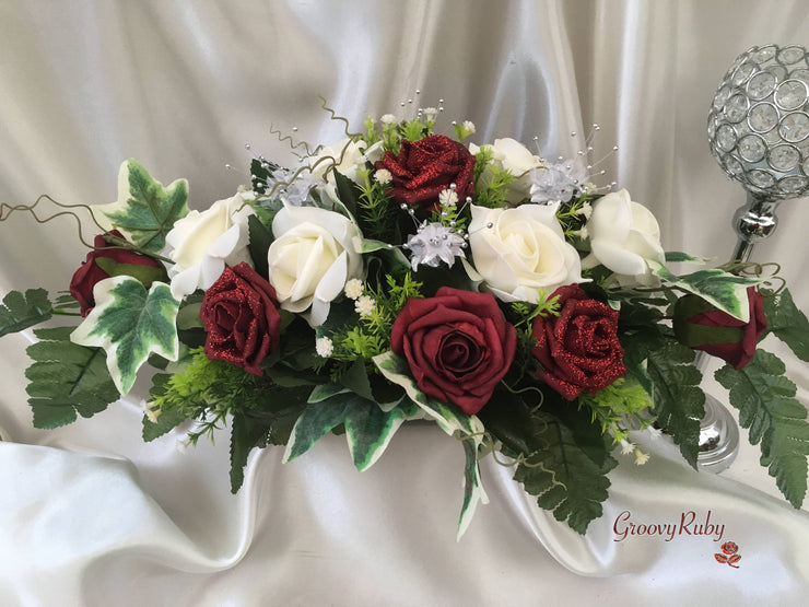 Burgundy Glitter Rose With Silver Babies Breath Long Table Centrepiece