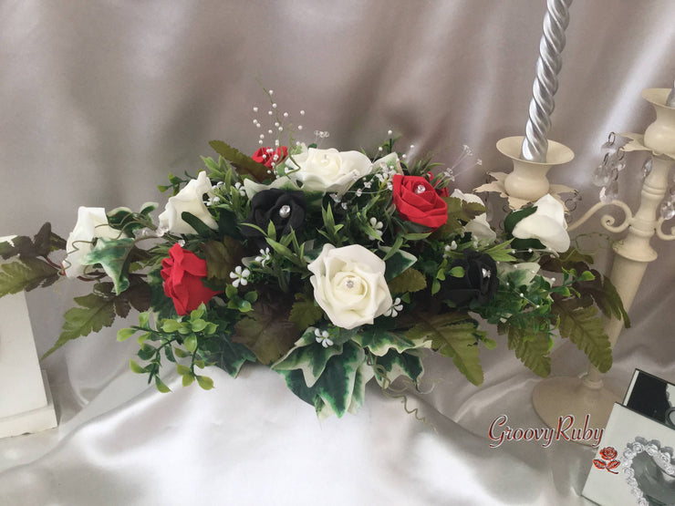 Black, Red & Ivory Rose With Foliage & Crystal Sprays