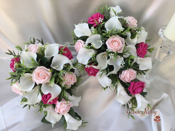 Hot Pink & Baby Pink Rose & Large White Calla Lily