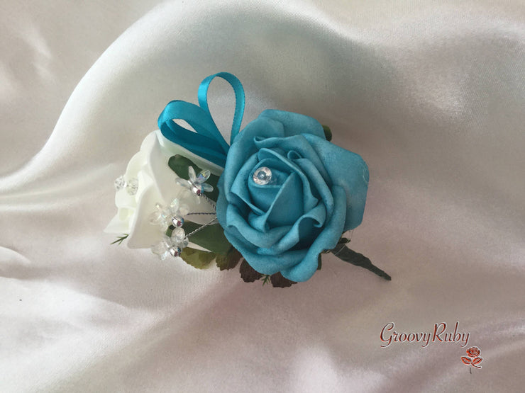 Ladies Pin On Corsage With Crystal Spray & Ribbon - Colour Combination Of Your Choice