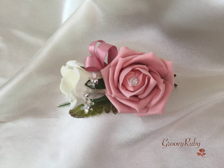 Ladies Pin On Corsage With Crystal Spray & Ribbon - Colour Combination Of Your Choice