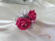 Hot Pink Rose & Calla Lily With Pearls & Diamante Heart Brooch
