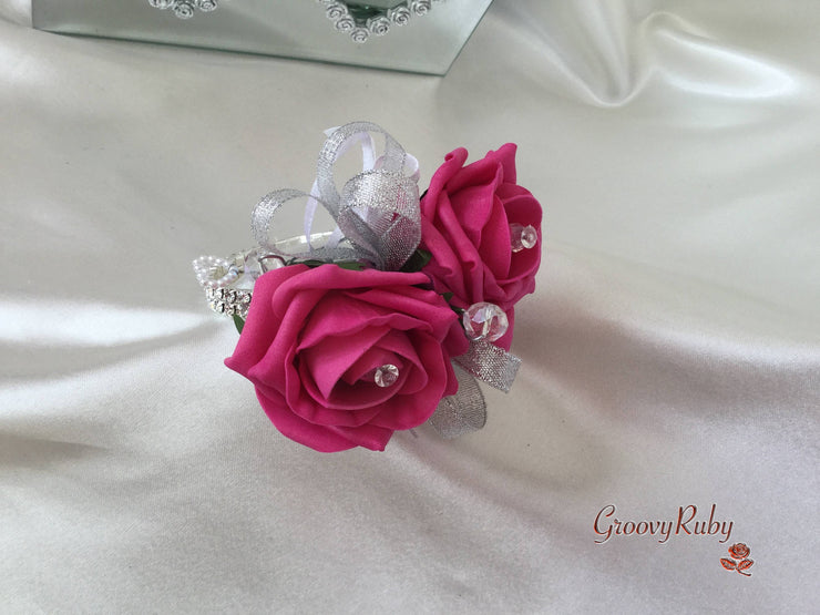 Hot Pink Rose & Calla Lily With Pearls & Diamante Heart Brooch
