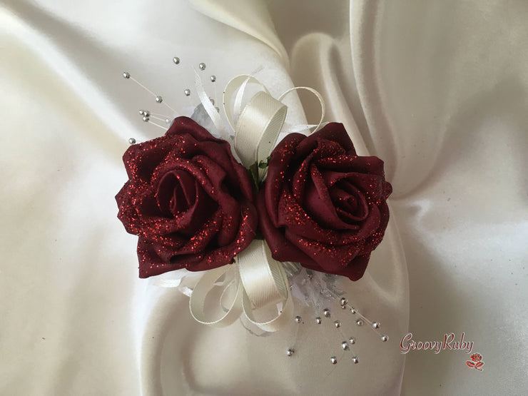 Burgundy Glitter Rose With Silver Babies Breath