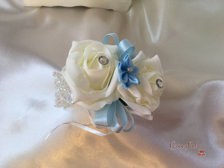 Rose Bouquets With Baby Blue Satin Diamante Flowers