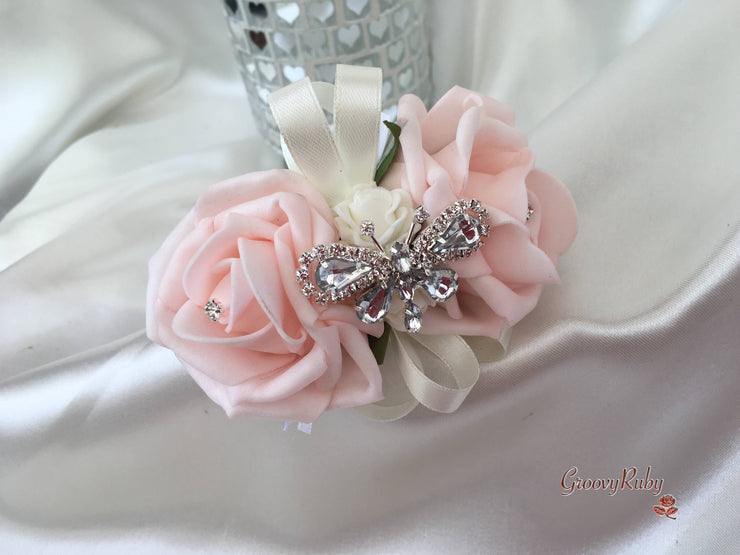Blush Pink Rose & Large Ivory Calla Lilies With Crystal Butterfly Brooch