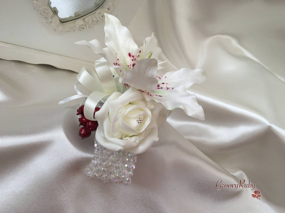 tiger lily corsage and boutonniere Small Tiger Lilies & Ivory Roses With Berries – GroovyRuby Ltd