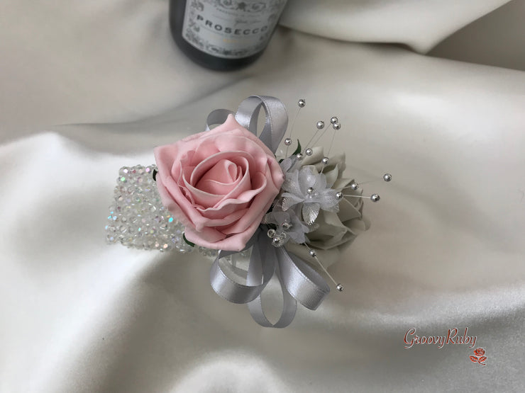 Dusky Pink & Silver Roses With Delicate Heart Brooch