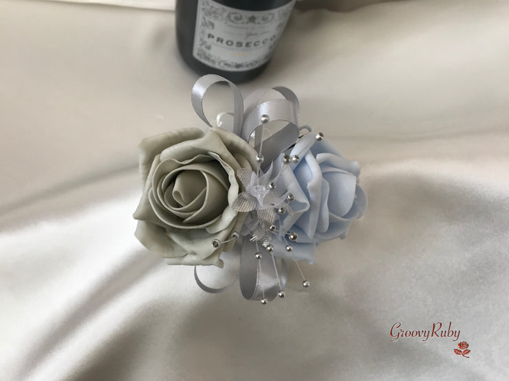 Ice Blue, Silver & White Roses With Delicate Heart Brooch