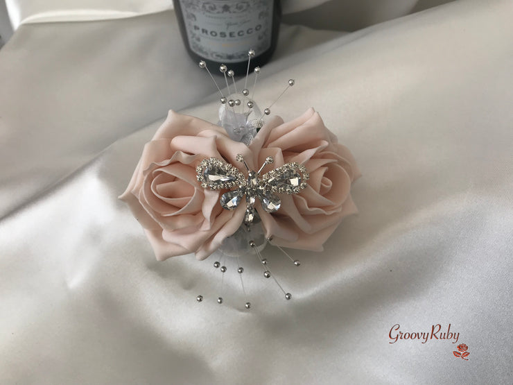 Mocha Pink & Ivory Rose With Silver & Crystal Butterfly
