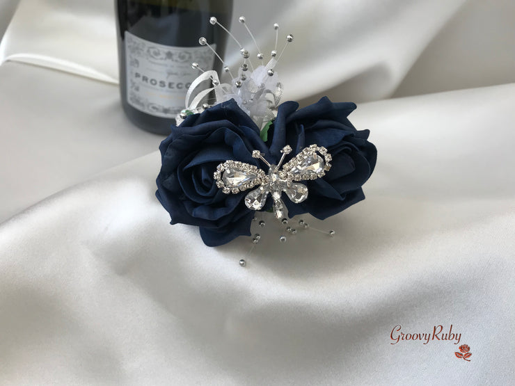 Navy & Ivory Rose With Silver & Crystal Butterfly