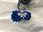 Royal Blue & Ivory Rose With Silver & Crystal Butterfly