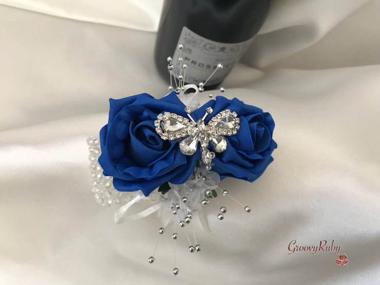 Royal Blue & Ivory Rose With Silver & Crystal Butterfly