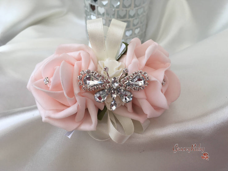 Blush Pink Rose & Large Ivory Calla Lilies With Crystal Butterfly Brooch
