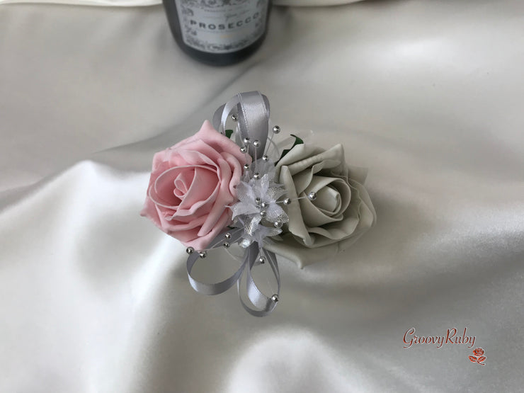 Dusky Pink & Silver Roses With Delicate Heart Brooch