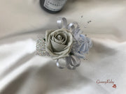 Ice Blue, Silver & White Roses With Delicate Heart Brooch