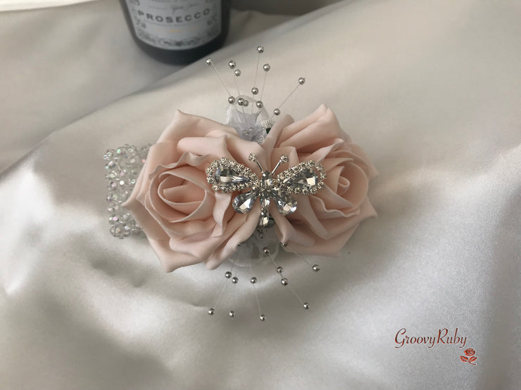 Mocha Pink & Ivory Rose With Silver & Crystal Butterfly