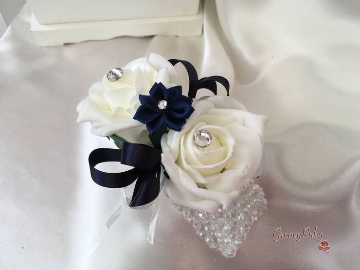 Rose Bouquets With Navy Satin Diamante Flowers