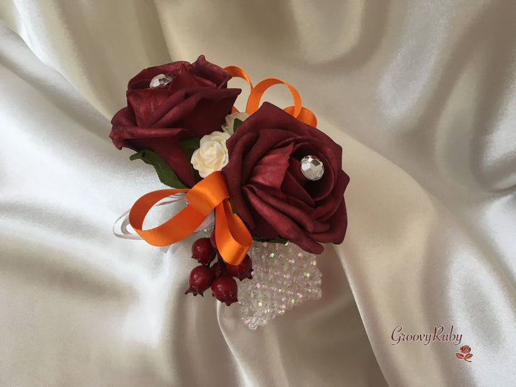 Ivory Glitter Rose, Orange Calla Lily, Burgundy Rose & Berries