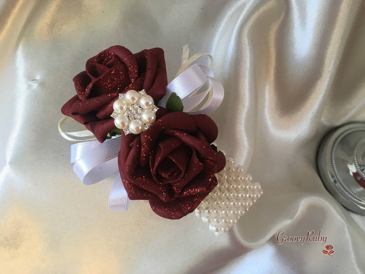 Burgundy Glitter Rose With Pearls & Pearl Diamante Brooch