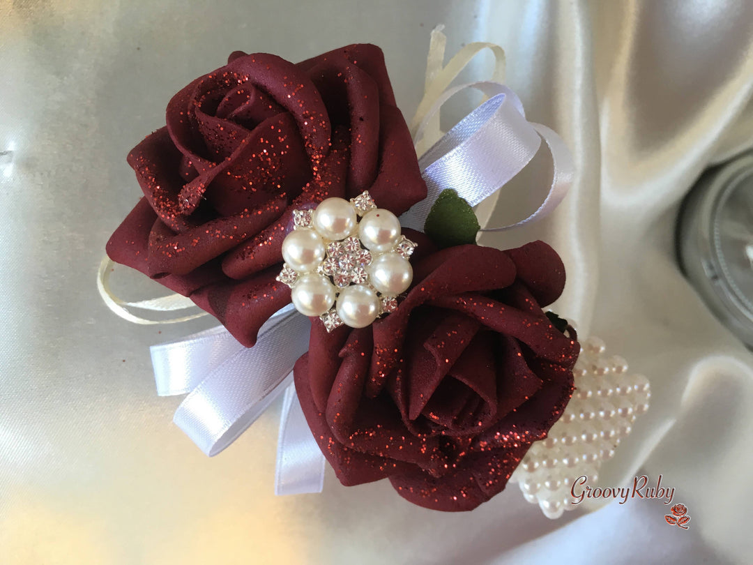 Burgundy Glitter Rose With Pearls Pearl Diamante Brooch GroovyRuby Ltd