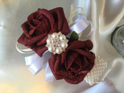 Burgundy Glitter Rose With Pearls & Pearl Diamante Brooch