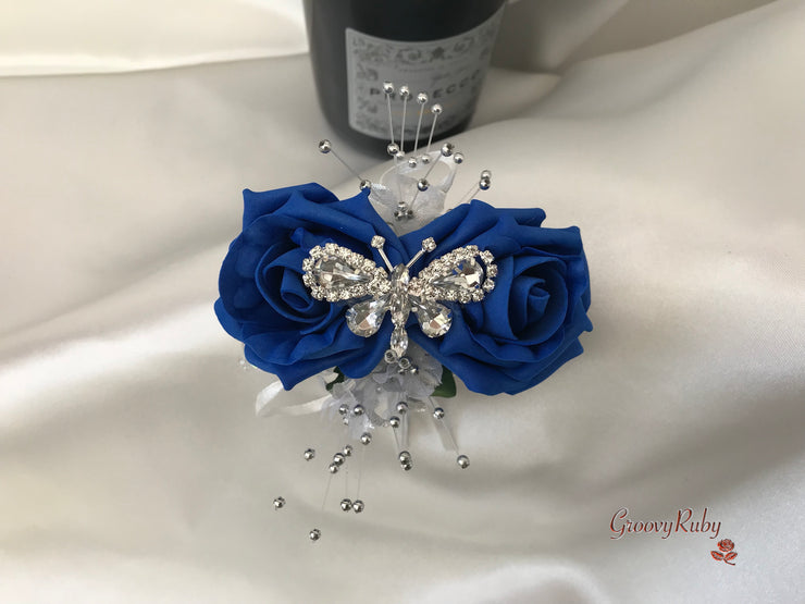 Royal Blue & Ivory Rose With Silver & Crystal Butterfly