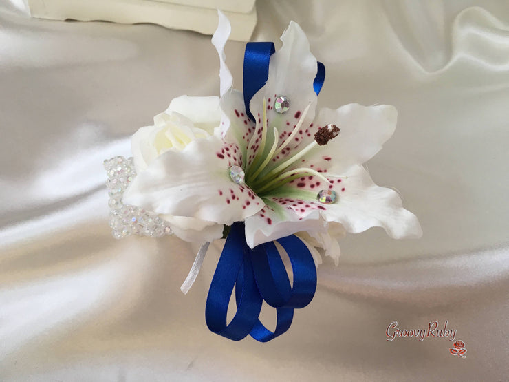 Small Tiger Lilies & Royal Blue Roses With Foliage