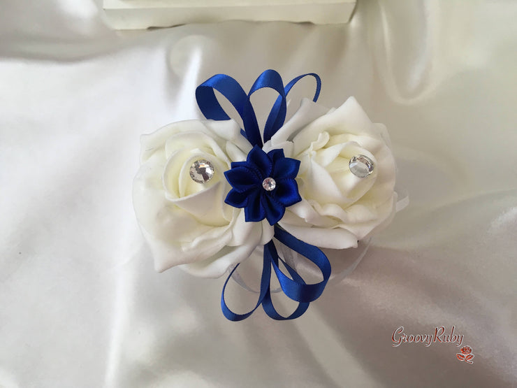 Rose Bouquets With Royal Blue Satin Diamante Flowers