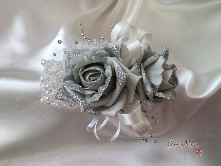 Silver Glitter Rose With Silver Babies Breath