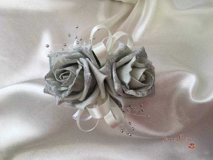 Silver Glitter Rose With Silver Babies Breath