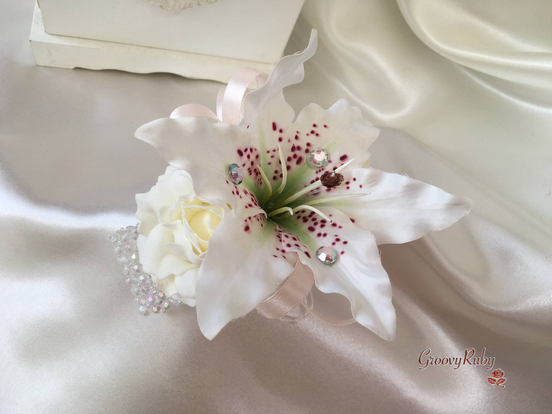 pink tiger lily corsage Small Tiger Lilies & Vintage Mocha Pink Roses With Foliage – GroovyRuby Ltd