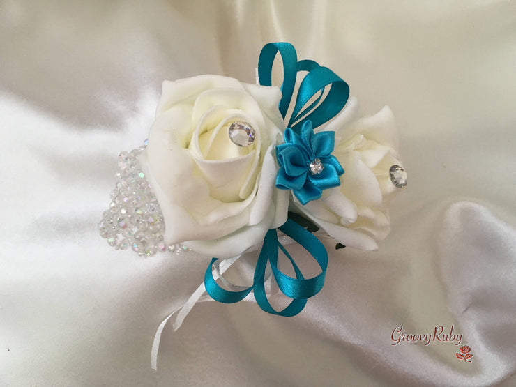 Rose Bouquets With Turquoise Satin Diamante Flowers