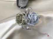 Ice Blue, Silver & White Roses With Delicate Heart Brooch