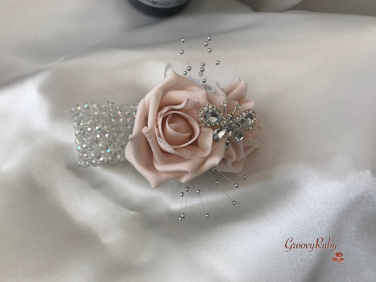 Mocha Pink & Ivory Rose With Silver & Crystal Butterfly