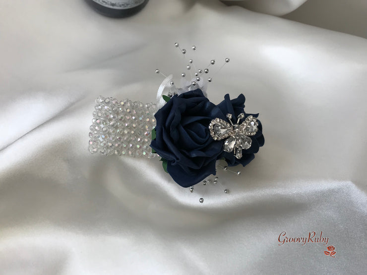 Navy & Ivory Rose With Silver & Crystal Butterfly