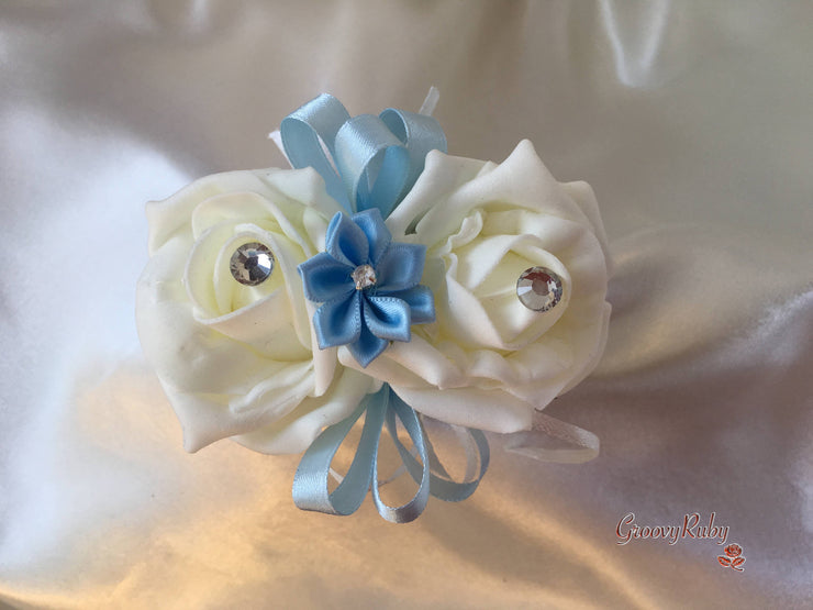 Rose Bouquets With Baby Blue Satin Diamante Flowers