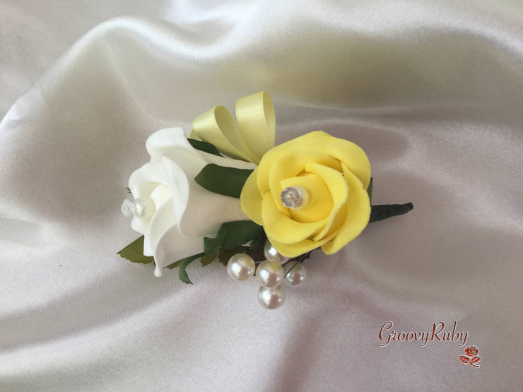 Ladies Pin On Corsage With Pearl Spray & Ribbon - Colour Combination Of your Choice